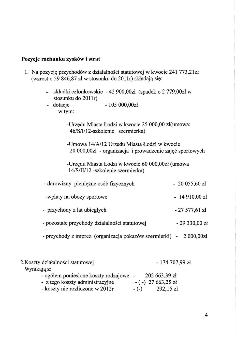 do 2011 r) - dotacje - 105 000,00zł w tym: -Urzędu Miasta Łodzi w kwocie 25 000,00 zł(umowa: 46/S/I/12-szkolenie szermierka) -Umowa 14/A/12 Urzędu Miasta Łodzi w kwocie 20 000,00zł - organizacja i