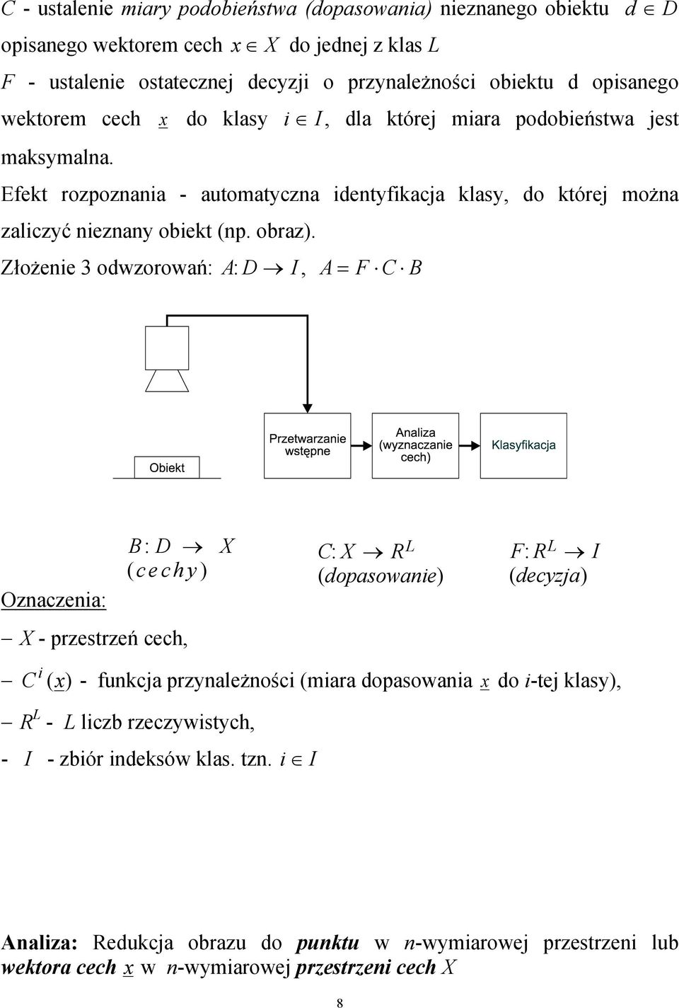 Złożenie 3 odwzorowań: A: D I, A = F C B Oznaczenia: X - przestrzeń cech, C i (x) B: D X CX : RL FR : L I ( cechy) ( dopasowanie) ( decyzja) - funkcja przynależności (miara dopasowania x do