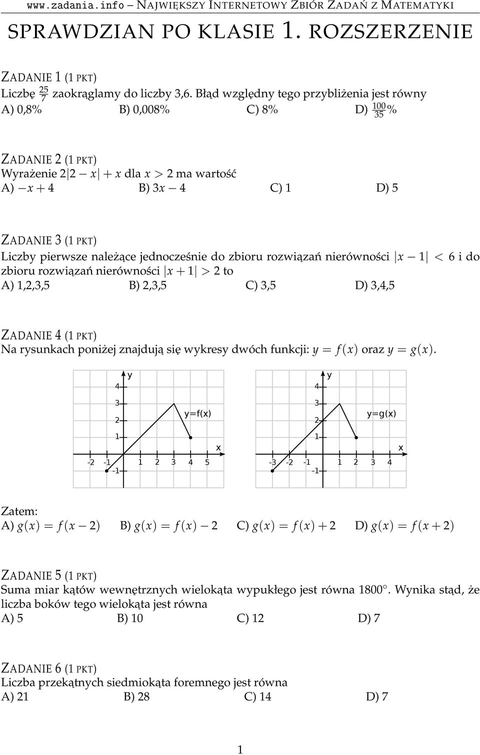 rozwiazań nierówności x < 6 i do zbioru rozwiazań nierówności x + > to ),,,5 ),,5 ),5 ),,5 ZNIE ( PKT) Na rysunkach poniżej znajduja się wykresy dwóch funkcji: y = f (x) oraz y = g(x).