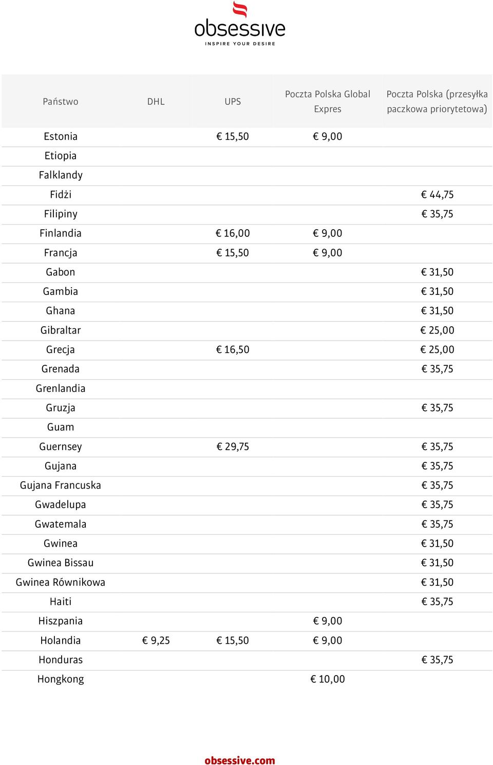 Guernsey 29,75 35,75 Gujana 35,75 Gujana Francuska 35,75 Gwadelupa 35,75 Gwatemala 35,75 Gwinea 31,50 Gwinea