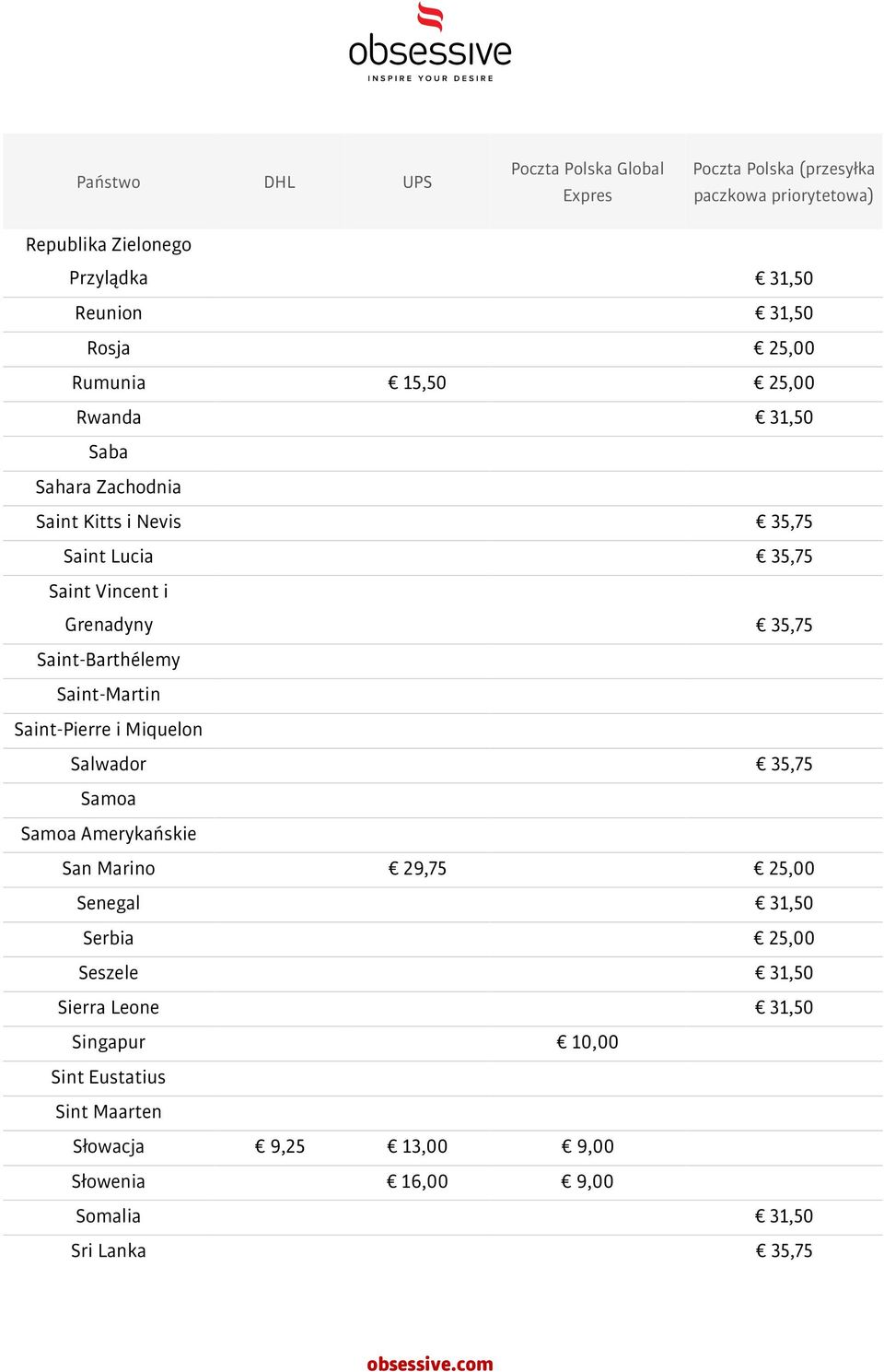 Miquelon Salwador 35,75 Samoa Samoa Amerykańskie San Marino 29,75 25,00 Senegal 31,50 Serbia 25,00 Seszele 31,50 Sierra