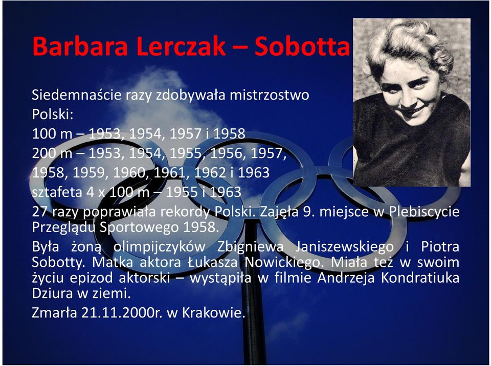 miejsce w Plebiscycie Przeglądu Sportowego 1958. Była żoną olimpijczyków Zbigniewa Janiszewskiego i Piotra Sobotty.