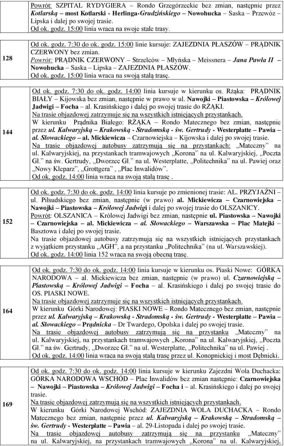 Powrót: PRĄDNIK CZERWONY Strzelców Młyńska Meissnera Jana Pawła II Nowohucka Saska Lipska ZAJEZDNIA PŁASZÓW. Od ok. godz. 15:00 linia wraca na swoją stałą trasę. Od ok. godz. 7:30 do ok. godz. 14:00 linia kursuje w kierunku os.