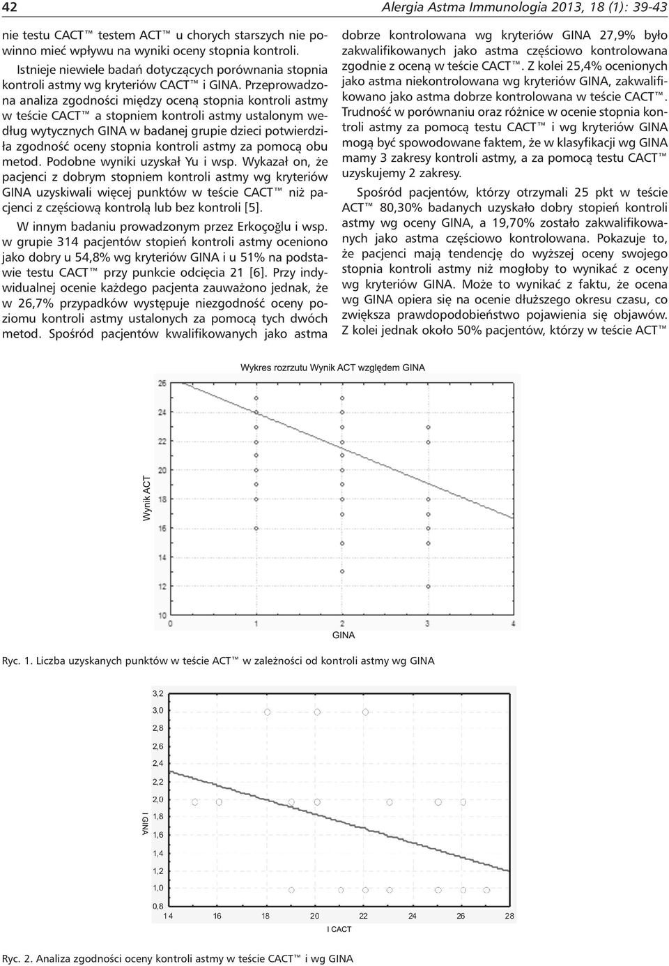 Przeprowadzona analiza zgodności między oceną stopnia kontroli astmy w teście CACT a stopniem kontroli astmy ustalonym według wytycznych GINA w badanej grupie dzieci potwierdziła zgodność oceny