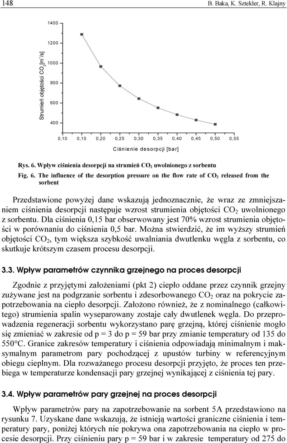 następuje wzrost strumienia objętości CO 2 uwolnionego z sorbentu. Dla ciśnienia 0,15 bar obserwowany jest 70% wzrost strumienia objętości w porównaniu do ciśnienia 0,5 bar.