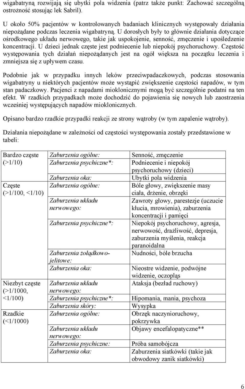 U dorosłych były to głównie działania dotyczące ośrodkowego układu nerwowego, takie jak uspokojenie, senność, zmęczenie i upośledzenie koncentracji.