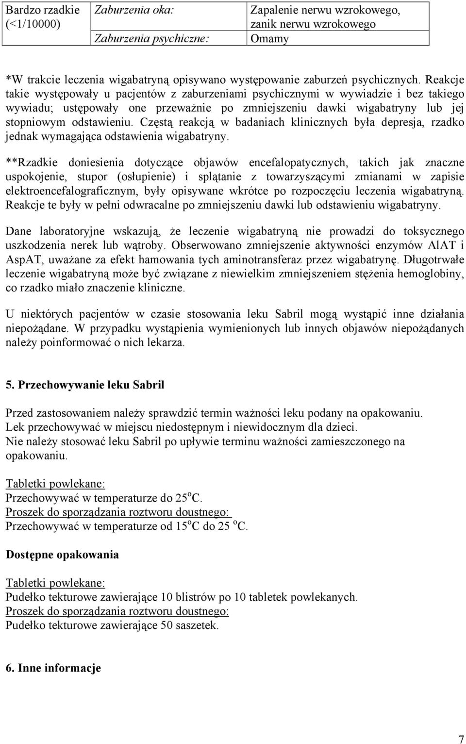 Częstą reakcją w badaniach klinicznych była depresja, rzadko jednak wymagająca odstawienia wigabatryny.