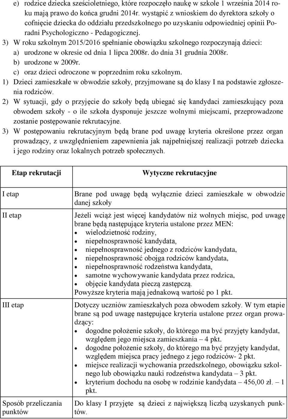 3) W roku szkolnym 2015/2016 spełnianie obowiązku szkolnego rozpoczynają dzieci: a) urodzone w okresie od dnia 1 lipca 2008r. do dnia 31 grudnia 2008r. b) urodzone w 2009r.