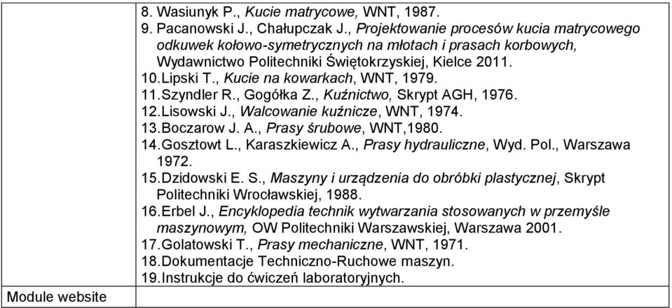 , Kucie na kowarkach, WNT, 1979. 11. Szyndler R., Gogółka Z., Kuźnictwo, Skrypt AGH, 1976. 12. Lisowski J., Walcowanie kuźnicze, WNT, 1974. 13. Boczarow J. A., Prasy śrubowe, WNT,1980. 14. Gosztowt L.