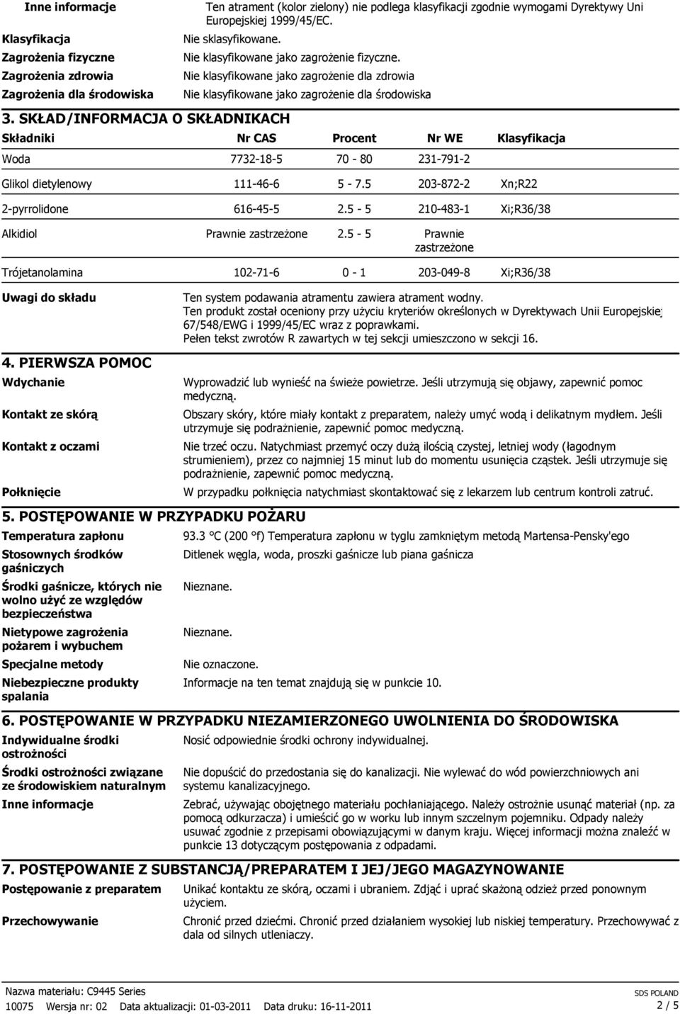 SKŁAD/INFORMACJA O SKŁADNIKACH Składniki Nr CAS Procent Nr WE Klasyfikacja Woda 7732-18-5 70-80 231-791-2 Glikol dietylenowy 111-46-6 5-7.5 203-872-2 Xn;R22 616-45-5 2.