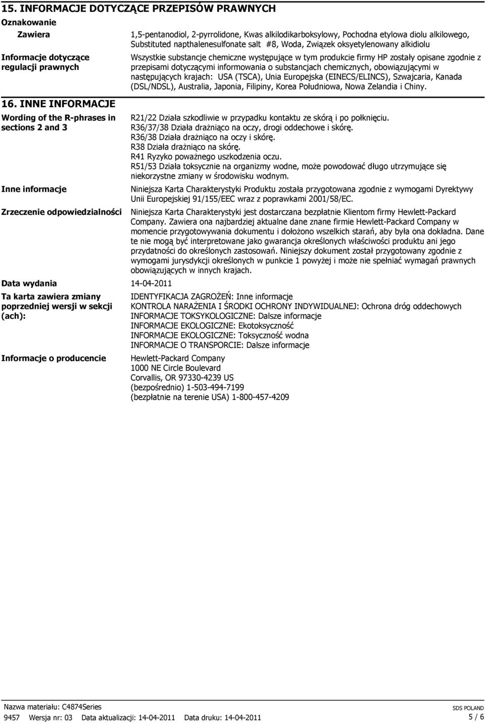 o producencie 1,5-pentanodiol,,, Pochodna etylowa diolu alkilowego, Substituted napthalenesulfonate salt #8, Woda, Wszystkie substancje chemiczne występujące w tym produkcie firmy HP zostały opisane