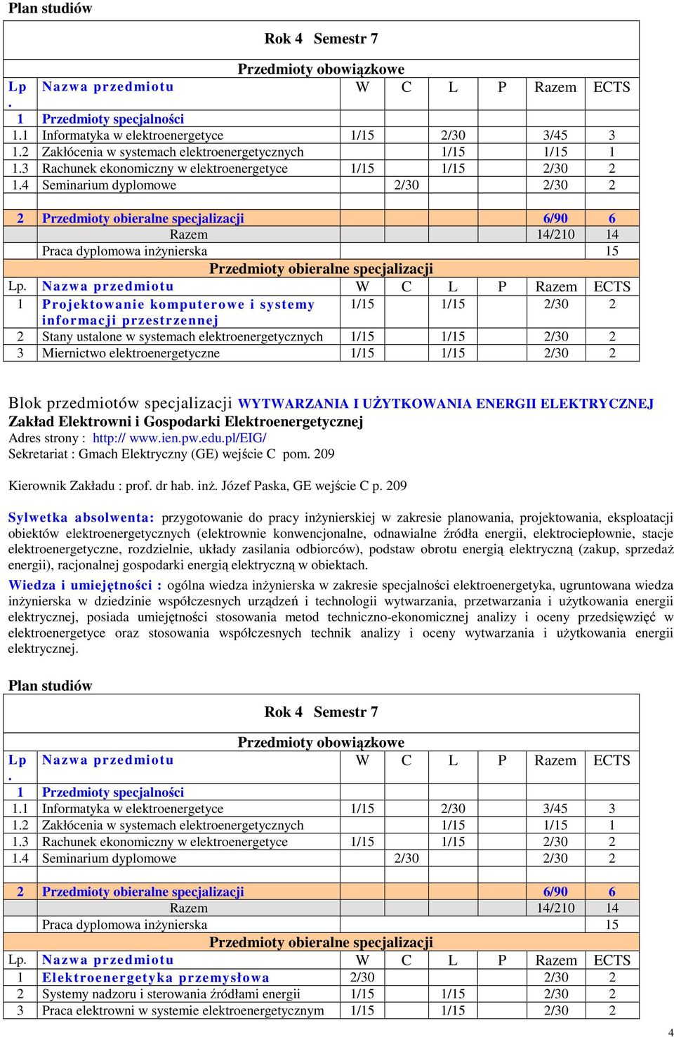 4 Seminarium dyplomowe 2/30 2/30 2 2 Przedmioty obieralne specjalizacji 6/90 6 Razem 14/210 14 Praca dyplomowa inŝynierska 15 Przedmioty obieralne specjalizacji 1 Projektowanie komputerowe i systemy