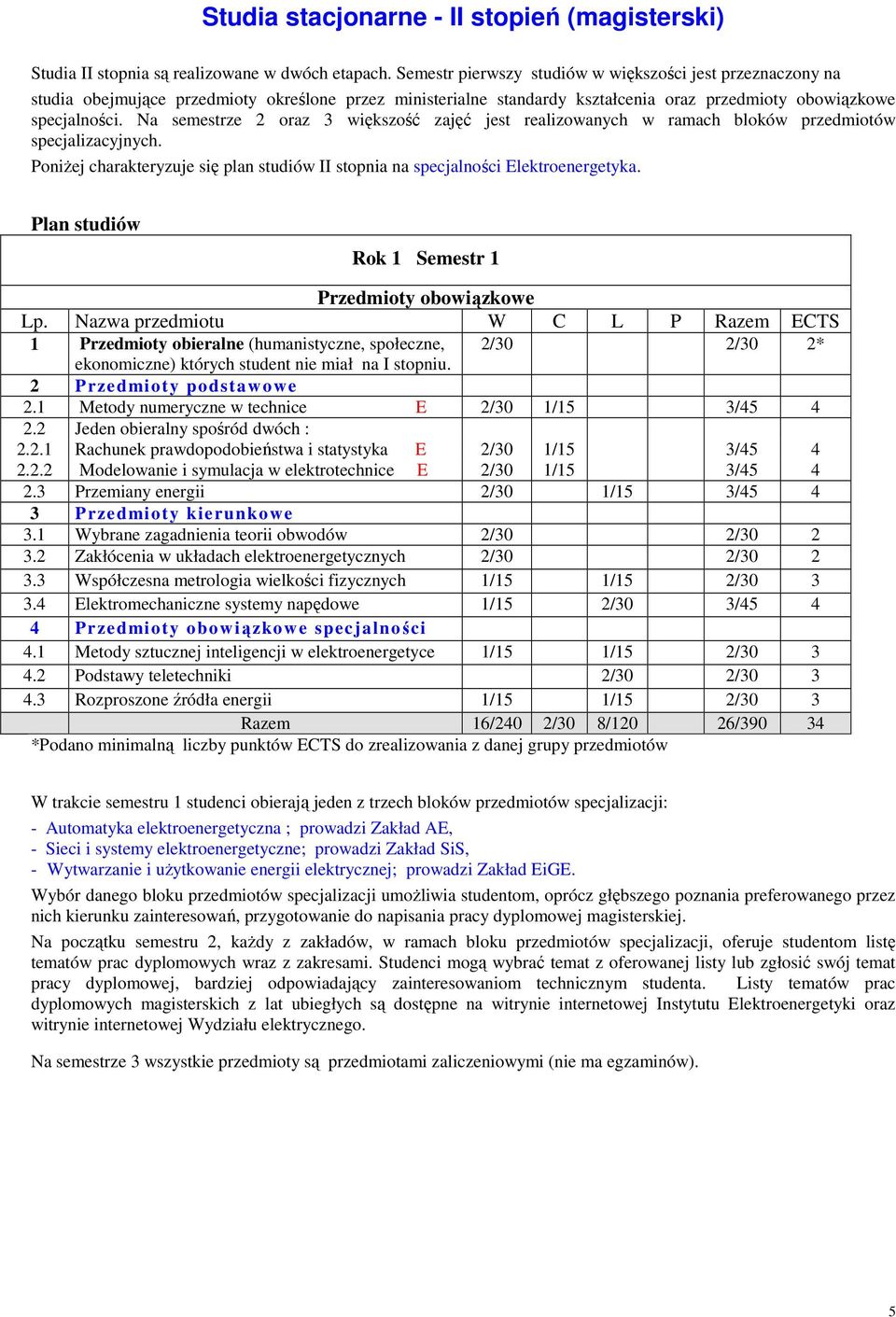 Na semestrze 2 oraz 3 większość zajęć jest realizowanych w ramach bloków przedmiotów specjalizacyjnych. PoniŜej charakteryzuje się plan studiów II stopnia na specjalności Elektroenergetyka.