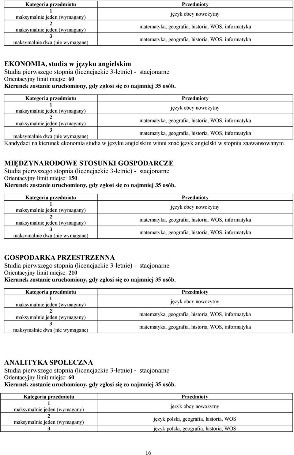 język obcy nowożytny matematyka, geografia, historia, WOS, informatyka matematyka, geografia, historia, WOS, informatyka Kandydaci na kierunek ekonomia studia w języku angielskim winni znać język