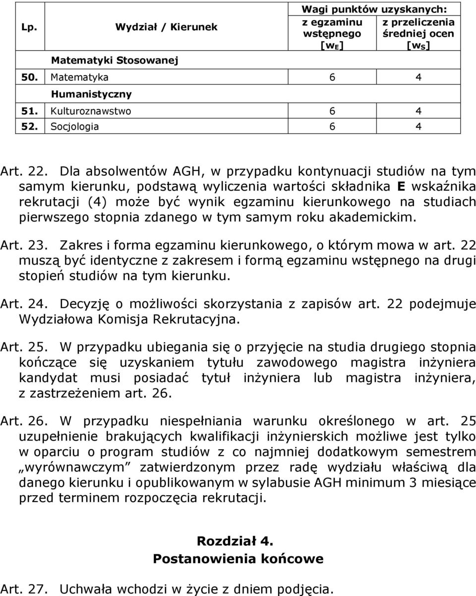 Dla absolwentów AGH, w przypadku kontynuacji studiów na tym samym kierunku, podstawą wyliczenia wartości składnika E wskaźnika rekrutacji (4) może być wynik egzaminu kierunkowego na studiach