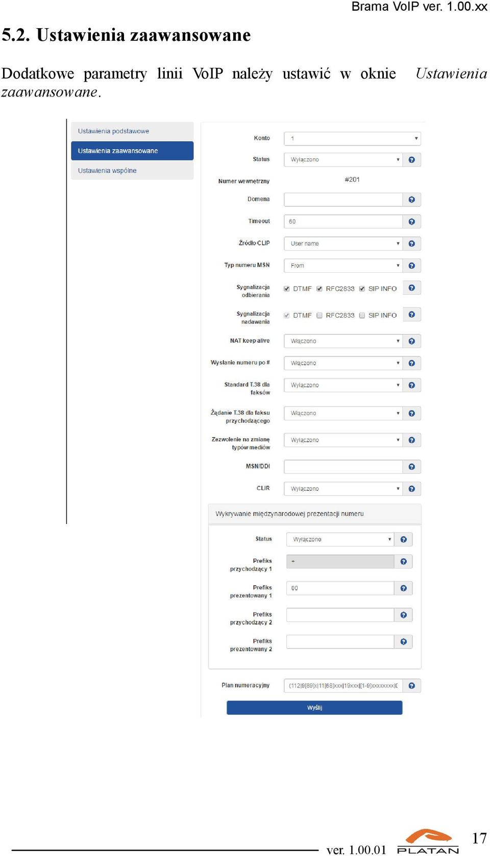 xx Dodatkowe parametry linii VoIP