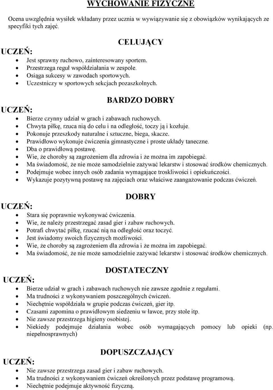 Chwyta piłkę, rzuca nią do celu i na odległość, toczy ją i kozłuje. Pokonuje przeszkody naturalne i sztuczne, biega, skacze. Prawidłowo wykonuje ćwiczenia gimnastyczne i proste układy taneczne.