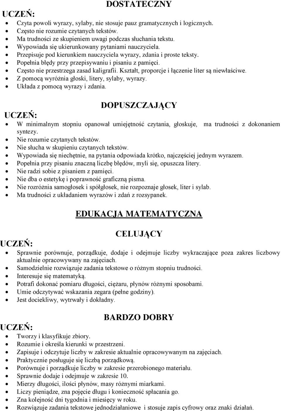 Często nie przestrzega zasad kaligrafii. Kształt, proporcje i łączenie liter są niewłaściwe. Z pomocą wyróżnia głoski, litery, sylaby, wyrazy. Układa z pomocą wyrazy i zdania.