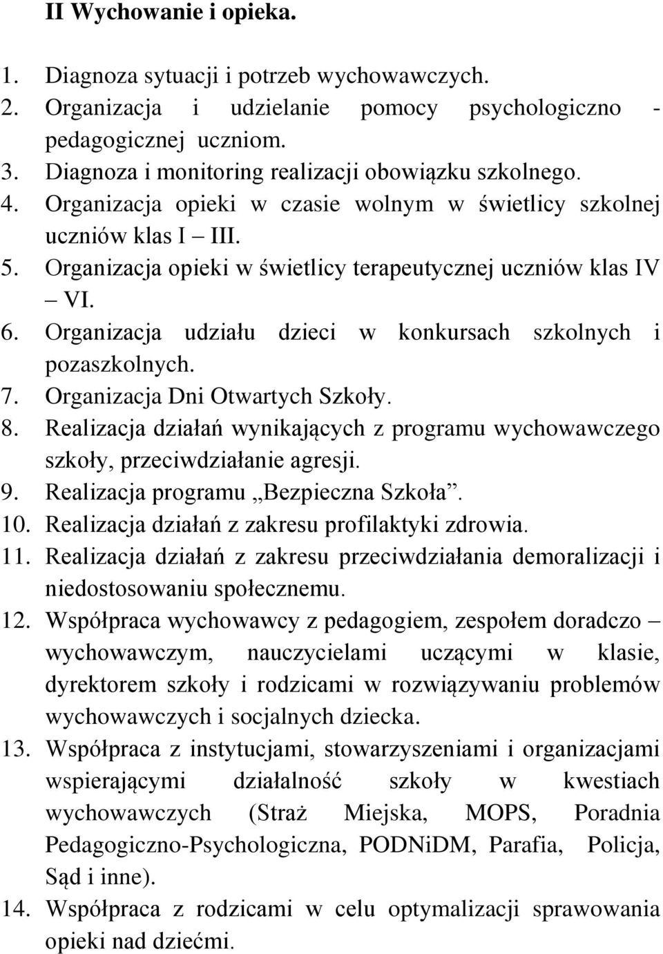 Organizacja opieki w świetlicy terapeutycznej uczniów klas IV VI. 6. Organizacja udziału dzieci w konkursach szkolnych i pozaszkolnych. 7. Organizacja Dni Otwartych Szkoły. 8.