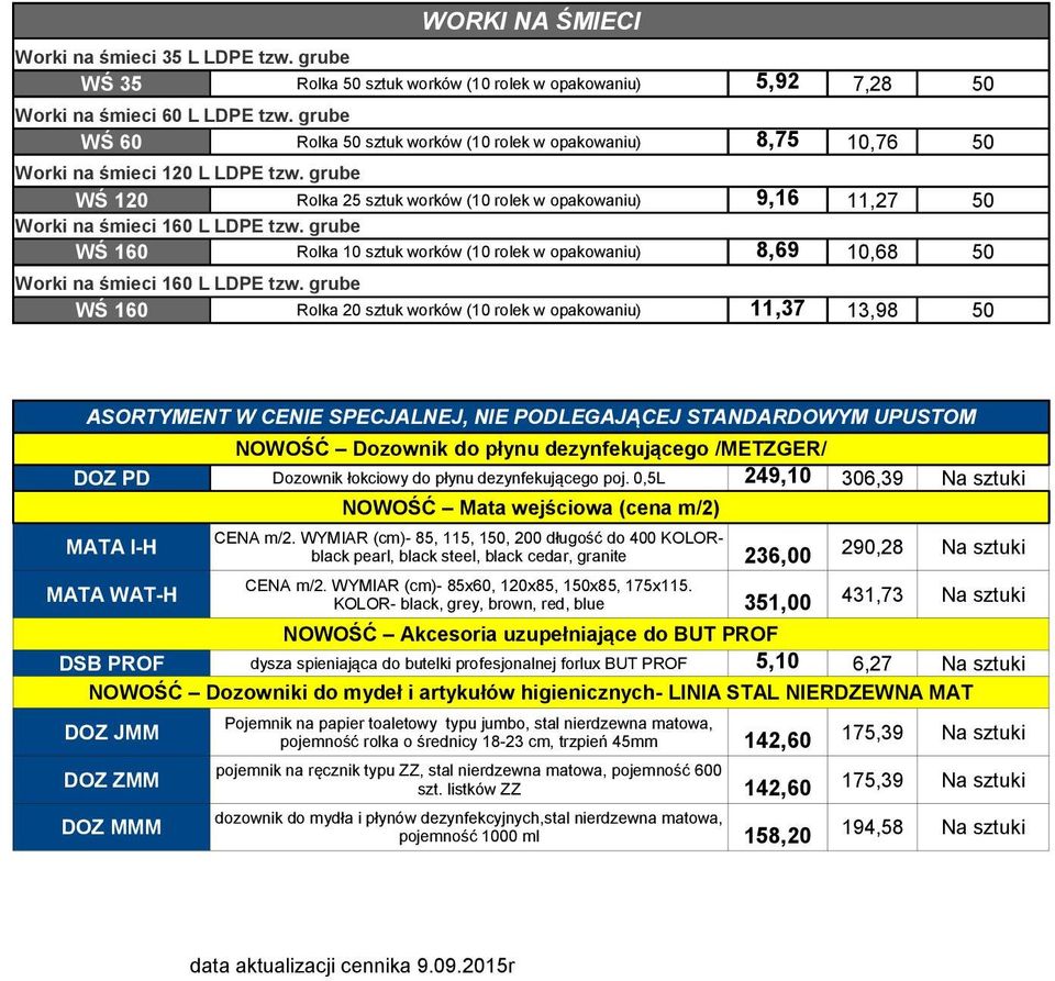 grube WŚ 160 Rolka sztuk worków ( rolek w opakowaniu) 8,69,68 50 Worki na śmieci 160 L LDPE tzw.