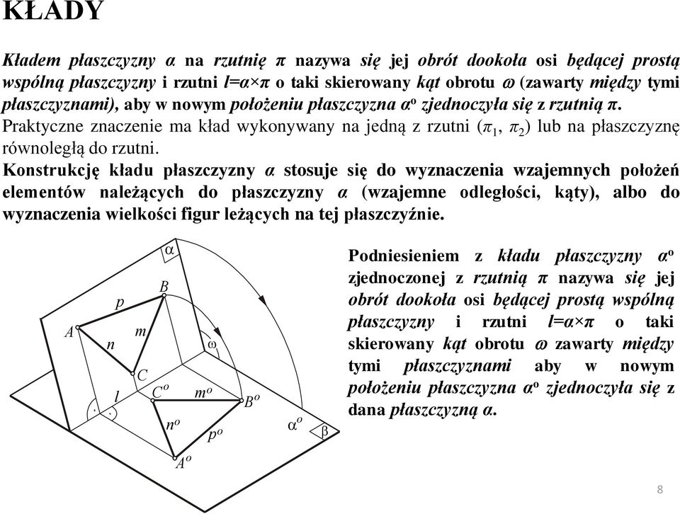 Konstrukcję kładu płaszczyzny α stosuje się do wyznaczenia wzajemnych położeń elementów należących do płaszczyzny α (wzajemne odległości, kąty), albo do wyznaczenia wielkości figur leżących na tej