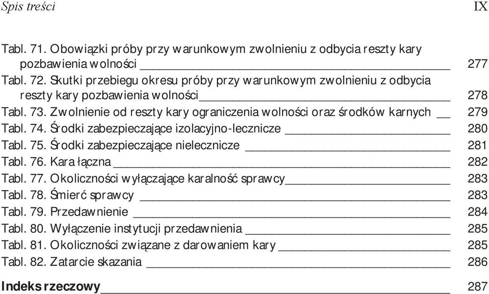 Zwolnienie od reszty kary ograniczenia wolności oraz środków karnych 279 Tabl. 74. Środki zabezpieczające izolacyjno-lecznicze 280 Tabl. 75.