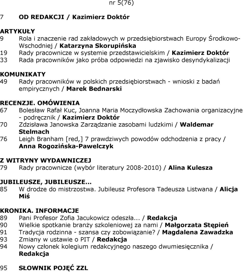 Bolesław Rafał Kuc, Joanna Maria Moczydłowska Zachowania organizacyjne - podręcznik / Kazimierz Doktór 70 Zdzisława Janowska Zarządzanie zasobami ludzkimi / Waldemar Stelmach 76 Leigh Branham [red,]