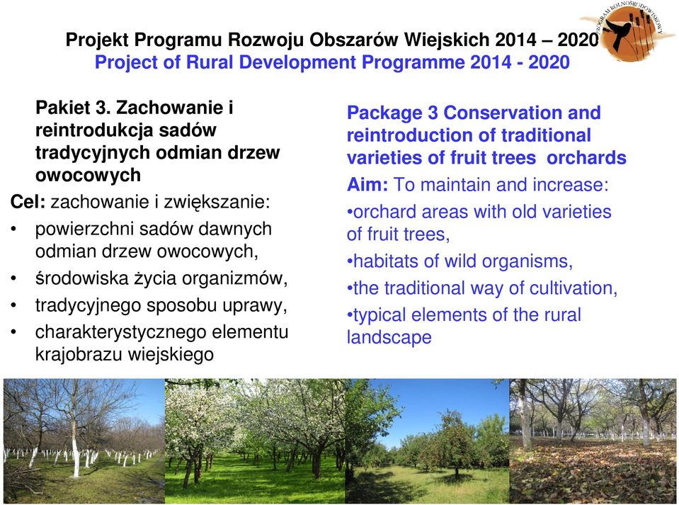 życia organizmów, tradycyjnego sposobu uprawy, charakterystycznego elementu krajobrazu wiejskiego Package 3 Conservation and reintroduction of traditional