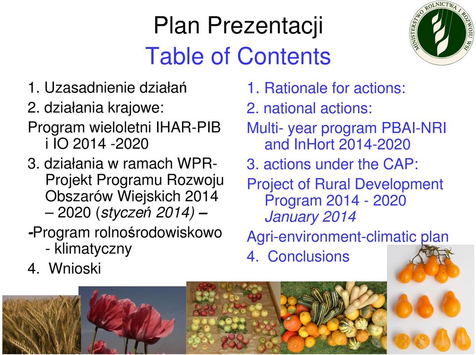 klimatyczny 4. Wnioski Plan Prezentacji Table of Contents 1. Rationale for actions: 2.