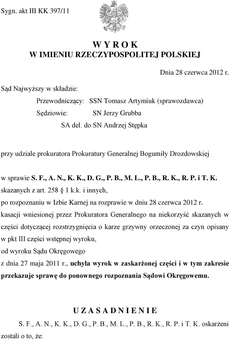 , K. K., D. G., P. B., M. L., P. B., R. K., R. P. i T. K. skazanych z art. 258 1 k.k. i innych, po rozpoznaniu w Izbie Karnej na rozprawie w dniu 28 czerwca 2012 r.