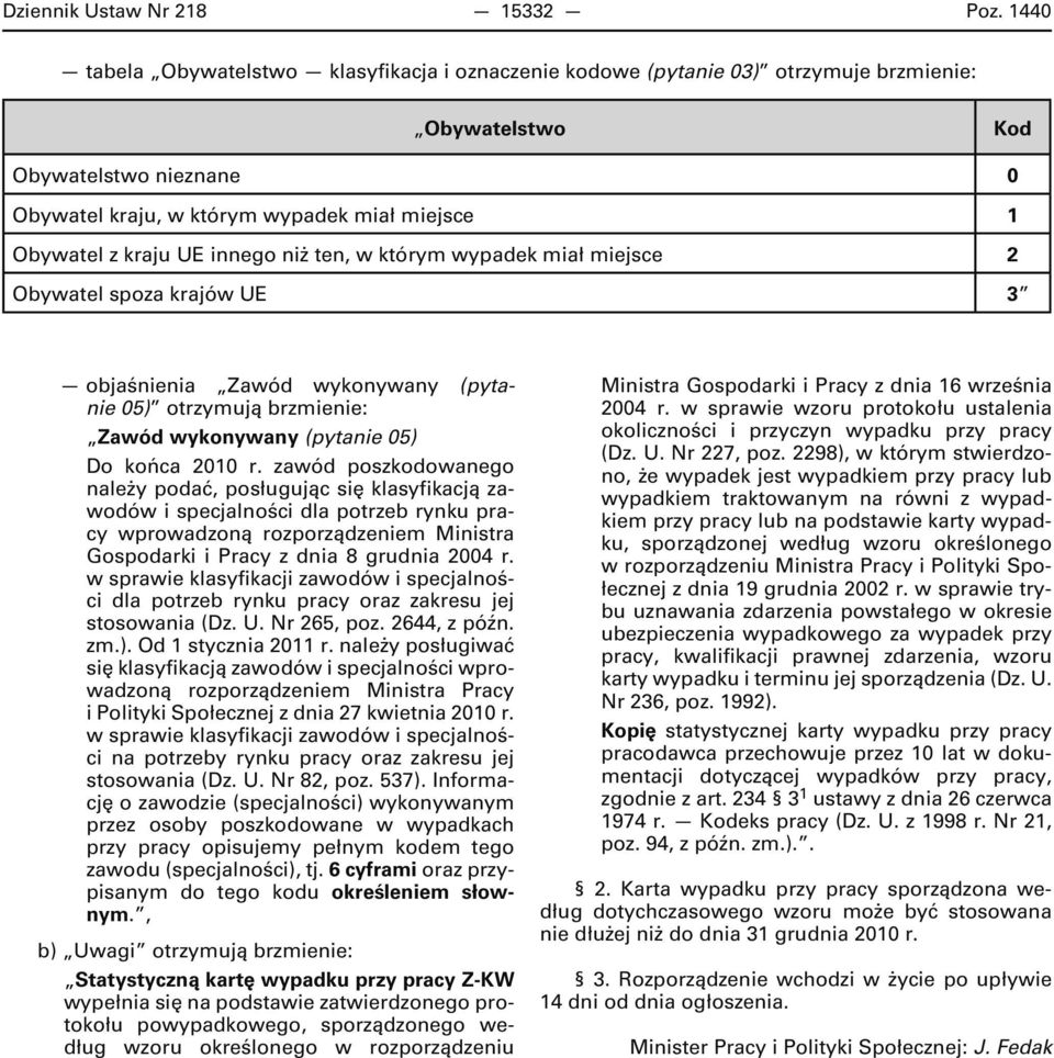 UE innego niż ten, w którym wypadek miał miejsce 2 Obywatel spoza krajów UE 3 objaśnienia Zawód wykonywany (pytanie 05) otrzymują brzmienie: Zawód wykonywany (pytanie 05) Do końca 2010 r.