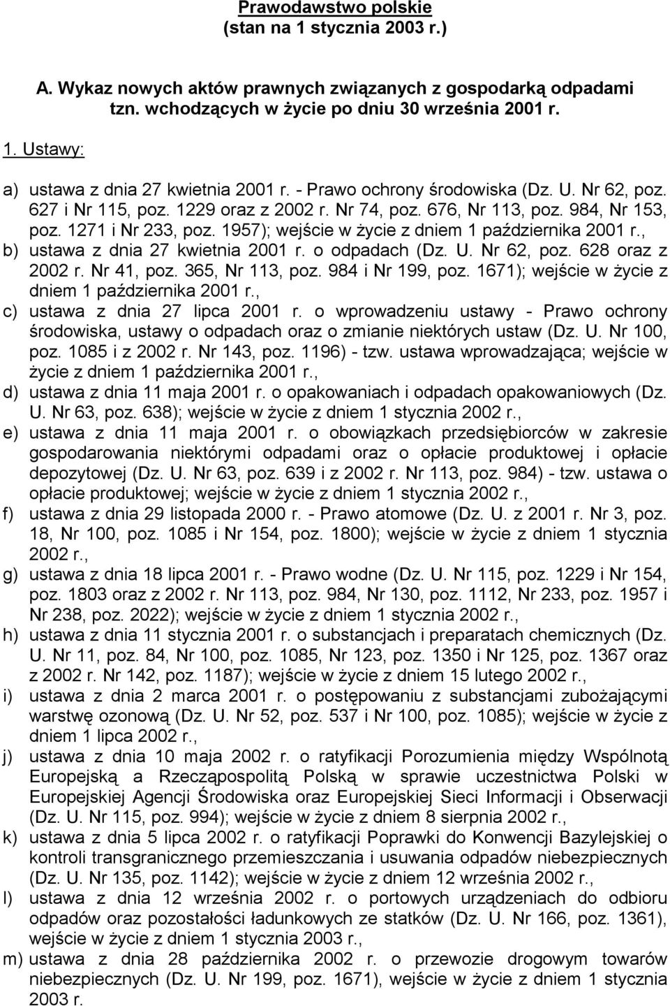 1957); wejście w życie z dniem 1 października 2001 r., b) ustawa z dnia 27 kwietnia 2001 r. o odpadach (Dz. U. Nr 62, poz. 628 oraz z 2002 r. Nr 41, poz. 365, Nr 113, poz. 984 i Nr 199, poz.