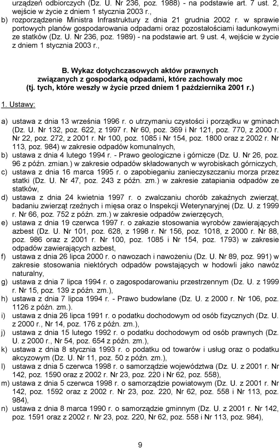 Ustawy: B. Wykaz dotychczasowych aktów prawnych związanych z gospodarką odpadami, które zachowały moc (tj. tych, które weszły w życie przed dniem 1 października 2001 r.