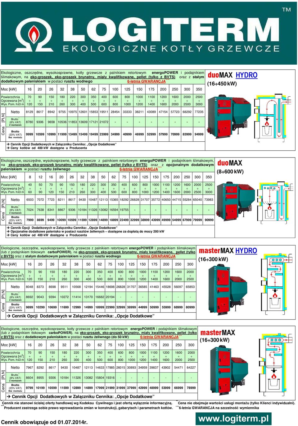 171 7 duomax (4 kw) 10599 10999 11999 13499 15499 19499 3999 34999 5999 5 999 3999 94999 Ceny kotłów od kw dostępne u Producenta  z opcjonalnym dodatkowym paleniskiem w postaci rusztu żeliwnego