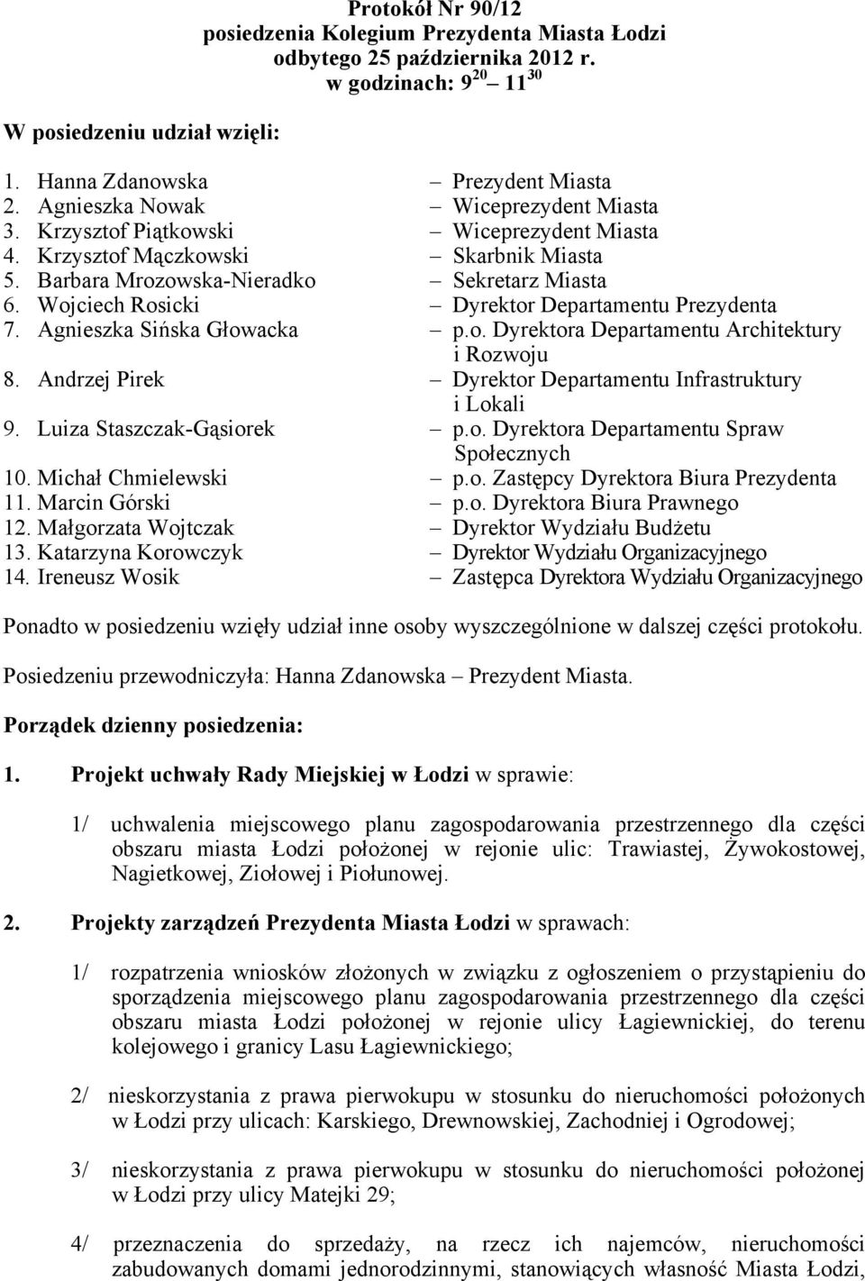 Wojciech Rosicki Dyrektor Departamentu Prezydenta 7. Agnieszka Sińska Głowacka p.o. Dyrektora Departamentu Architektury i Rozwoju 8. Andrzej Pirek Dyrektor Departamentu Infrastruktury i Lokali 9.