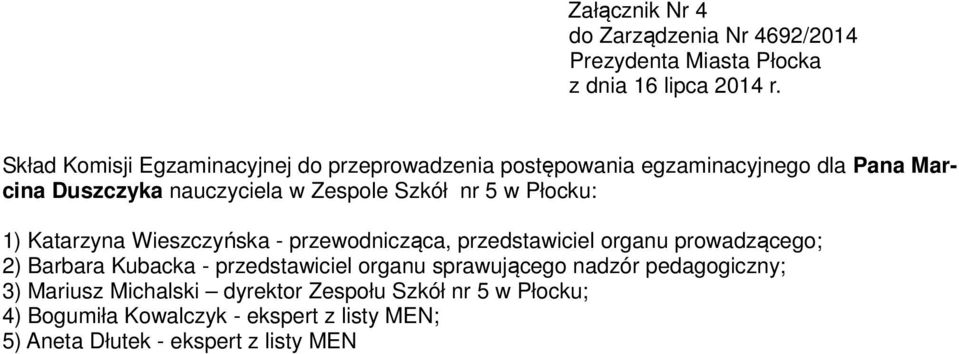 Płocku: 2) Barbara Kubacka - przedstawiciel organu sprawującego nadzór