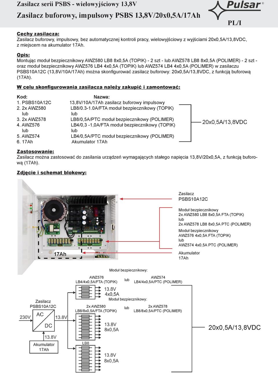 (13,8V/10A/) można skonfigurować zasilacz buforowy: 20x0,5A/13,8VDC, z funkcją buforową (). 1. 13,8V/10A/ zasilacz buforowy impulsowy 2. 2x AWZ580 LB8/0.3-1.0A/FTA moduł bezpiecznikowy (TOPIK) 3.