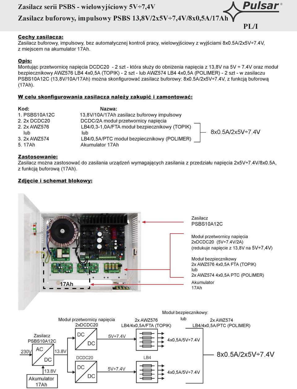 4V oraz moduł bezpiecznikowy AWZ576 LB4 4x0,5A (TOPIK) - 2 szt - AWZ574 LB4 4x0,5A (POLIMER) - 2 szt - w zasilaczu (13,8V/10A/) można skonfigurować zasilacz buforowy: 8x0.5A/2x5V 7.