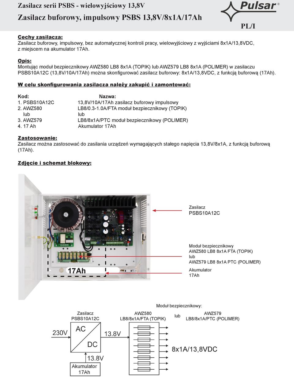 13,8V/10A/ zasilacz buforowy impulsowy 2. AWZ580 LB8/0.3-1.0A/FTA moduł bezpiecznikowy (TOPIK) 3. AWZ579 LB8/8x1A/PTC moduł bezpiecznikowy (POLIMER) 4.