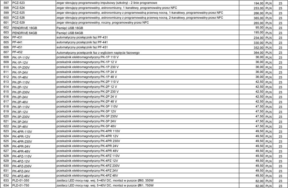 astronomiczny z programowalną przerwą nocną, 2-kanałowy, programowalny przez NFC 365,00 PLN 23 601 PCZ-529 zegar sterujący programowalny, roczny, programowalny przez NFC 265,00 PLN 23 602 PENDRIVE