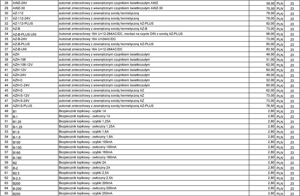 AZ-PLUS 92,00 PLN 23 33 AZ-B automat zmierzchowy z zewnętrzną sondą hermetyczną AZ-B 73,00 PLN 23 34 AZ-B-PLUS-UNI Automat zmierzchowy 16A U=12-264AC/DC, montaż na szynie DIN z sondą AZ-PLUS 98,00