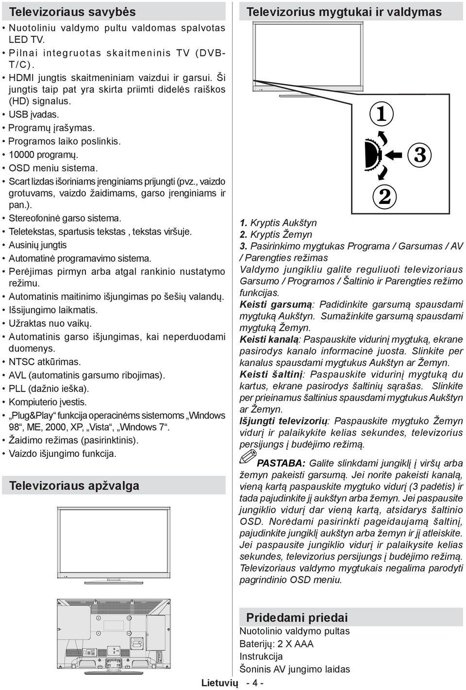 Scart lizdas išoriniams įrenginiams prijungti (pvz., vaizdo grotuvams, vaizdo žaidimams, garso įrenginiams ir pan.). Stereofoninė garso sistema. Teletekstas, spartusis tekstas, tekstas viršuje.