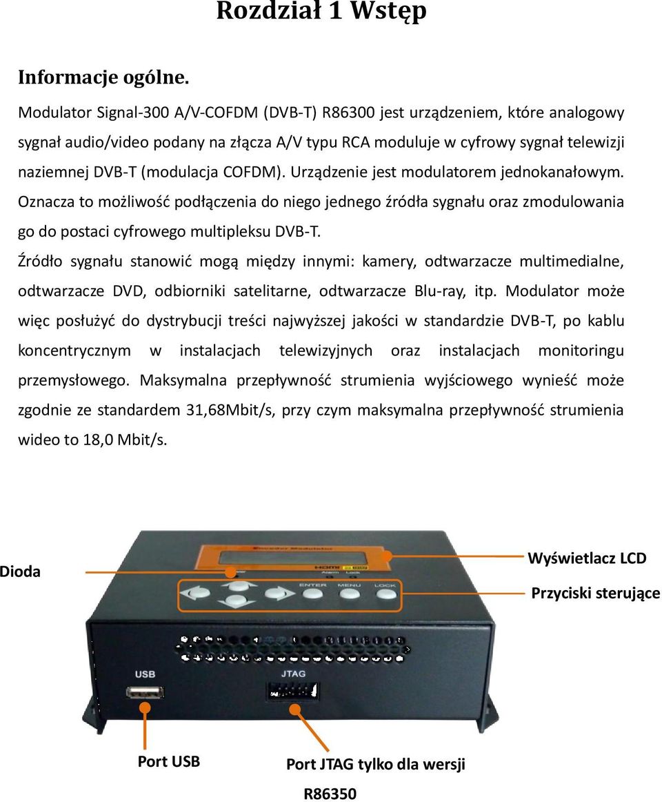 Urządzenie jest modulatorem jednokanałowym. Oznacza to możliwość podłączenia do niego jednego źródła sygnału oraz zmodulowania go do postaci cyfrowego multipleksu DVB-T.