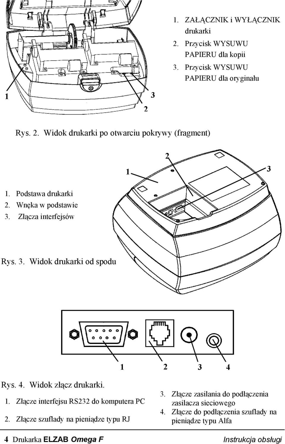 Złącze szuflady na pieniądze typu RJ 3. Złącze zasilania do podłączenia zasilacza sieciowego 4.