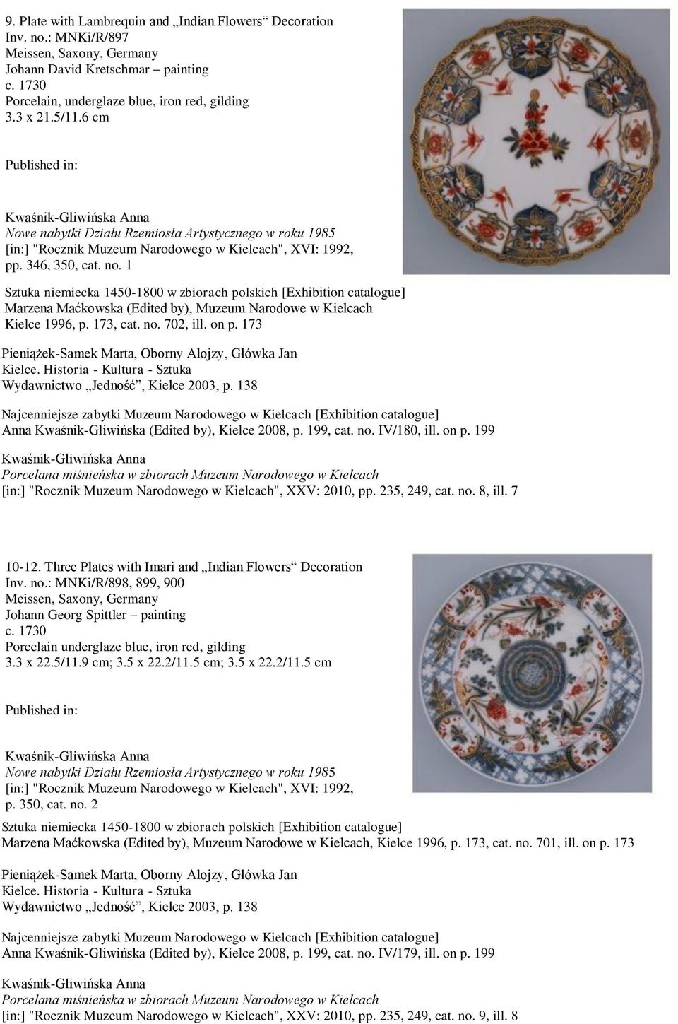 1 Marzena Maćkowska (Edited by), Muzeum Narodowe w Kielcach Kielce 1996, p. 173, cat. no. 702, ill. on p. 173 Pieniążek-Samek Marta, Oborny Alojzy, Główka Jan Kielce.