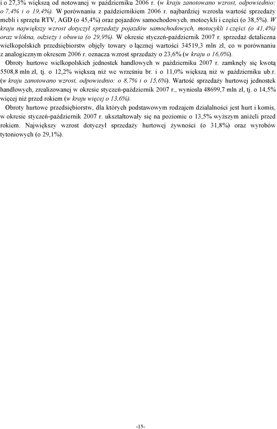 W kraju największy wzrost dotyczył sprzedaży pojazdów samochodowych, motocykli i części (o 41,4%) oraz włókna, odzieży i obuwia (o 29,9%). W okresie styczeń-październik 2007 r.