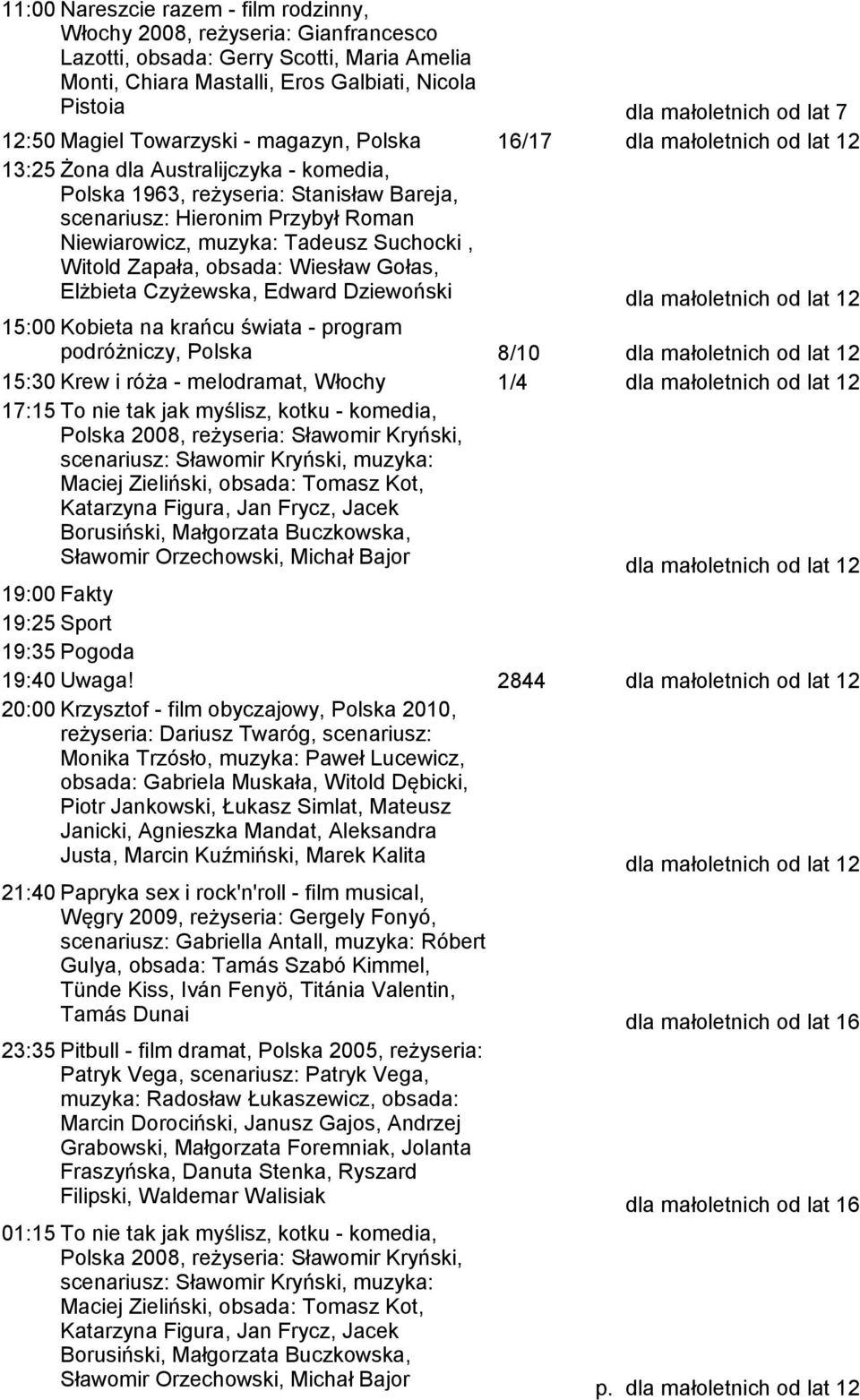 Suchocki, Witold Zapała, obsada: Wiesław Gołas, Elżbieta Czyżewska, Edward Dziewoński 15:00 Kobieta na krańcu świata - program podróżniczy, Polska 8/10 15:30 Krew i róża - melodramat, Włochy 1/4