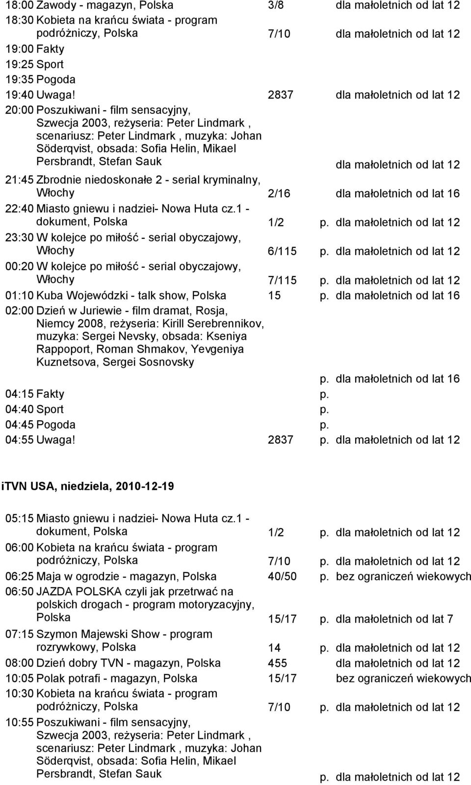 Zbrodnie niedoskonałe 2 - serial kryminalny, Włochy 2/16 dla małoletnich od lat 16 22:40 Miasto gniewu i nadziei- Nowa Huta cz.1 - dokument, Polska 1/2 p.