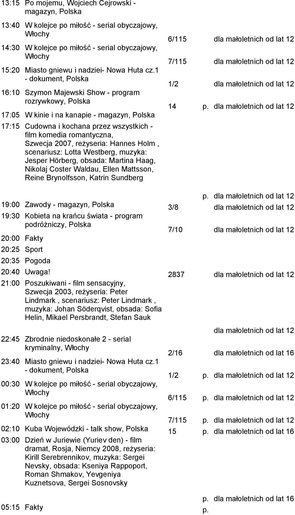 Hannes Holm, scenariusz: Lotta Westberg, muzyka: Jesper Hörberg, obsada: Martina Haag, Nikolaj Coster Waldau, Ellen Mattsson, Reine Brynolfsson, Katrin Sundberg 6/115 7/115 1/2 14 19:00 Zawody -