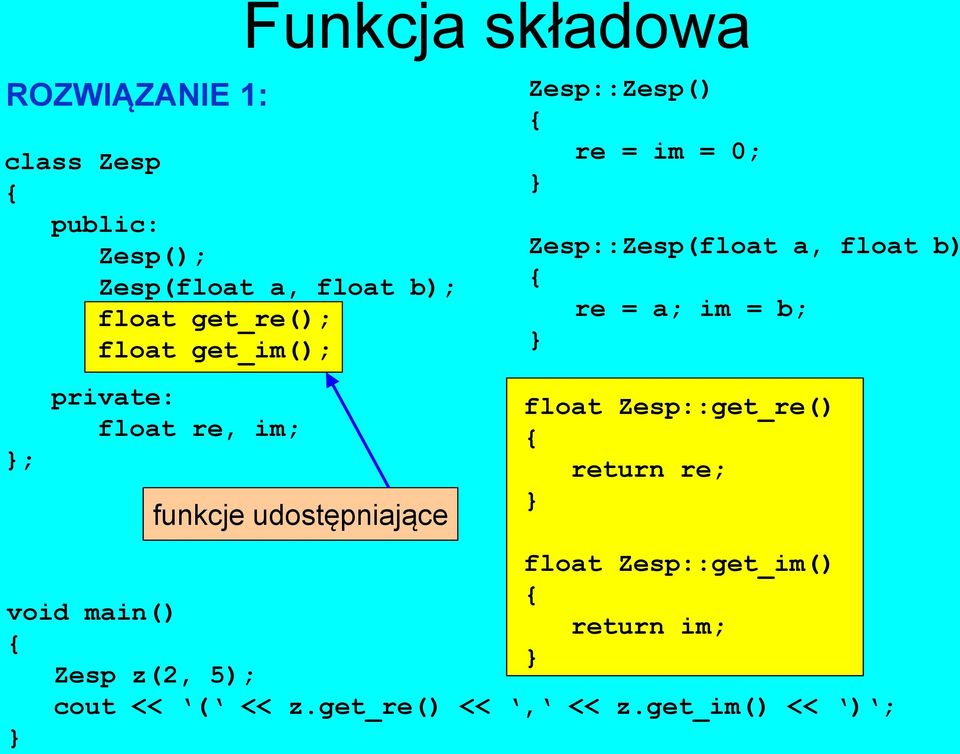 0; Zesp::Zesp(float a, float b) re = a; im = b; float Zesp::get_re() return re; float